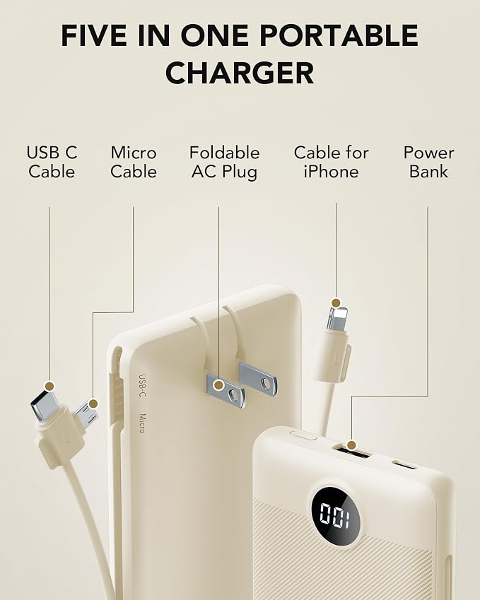 Portable Charger Built-in Cables and AC Wall Plug, USB C Power Bank 10000mAh, Travel Battery Portable Phone Charger Compact Lightweight External Battery Pack for Smart Phones, Tablets etc-Light Coffee - Image 3