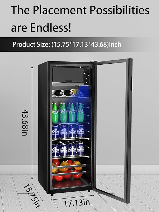 Beverage Refrigerator Cooler 180 Can Freestanding Beverage Cooler with Adjustable Shelving Glass Door for Beer Soda or Wine for Home Office or Bar - Image 5