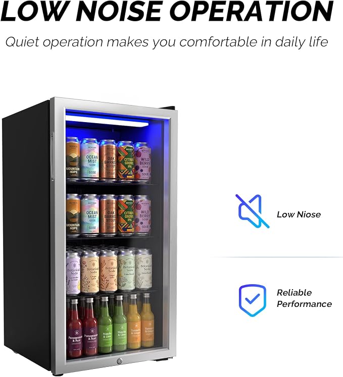 Bonnlo 130 Cans/3.3 Cu.Ft Beverage Refrigerator Cooler with Glass Door & Safety Lock, Quiet Mini Drink Fridge with Adjustable Shelf & Feet, Small Wine Cooler for Bedroom, Bar & Office, 32-50°F, 115V - Image 5