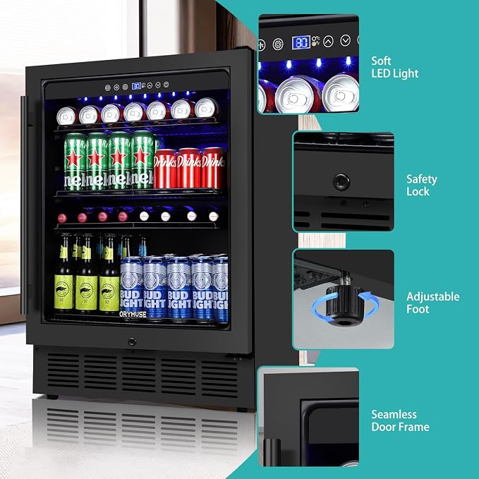Beverage Refrigerator 24 Inch, 180 Can Drink Fridge with Glass Door, Under Counter or Freestanding Beverage Cooler for Soda, Beer, Wine – Quiet Cooling for Kitchen, Bar, Office, Black - Image 7