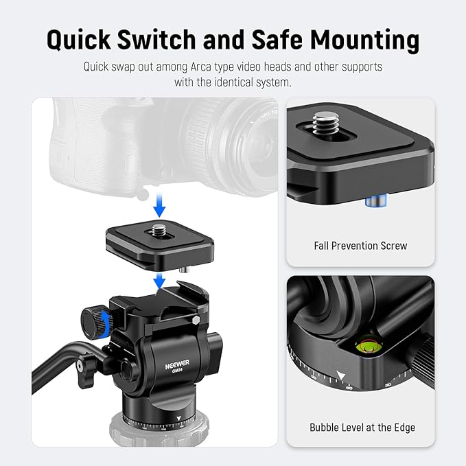 NEEWER Tripod Fluid Head with Quick Release Plate & Handle, Metal Pan Tilt - Image 5