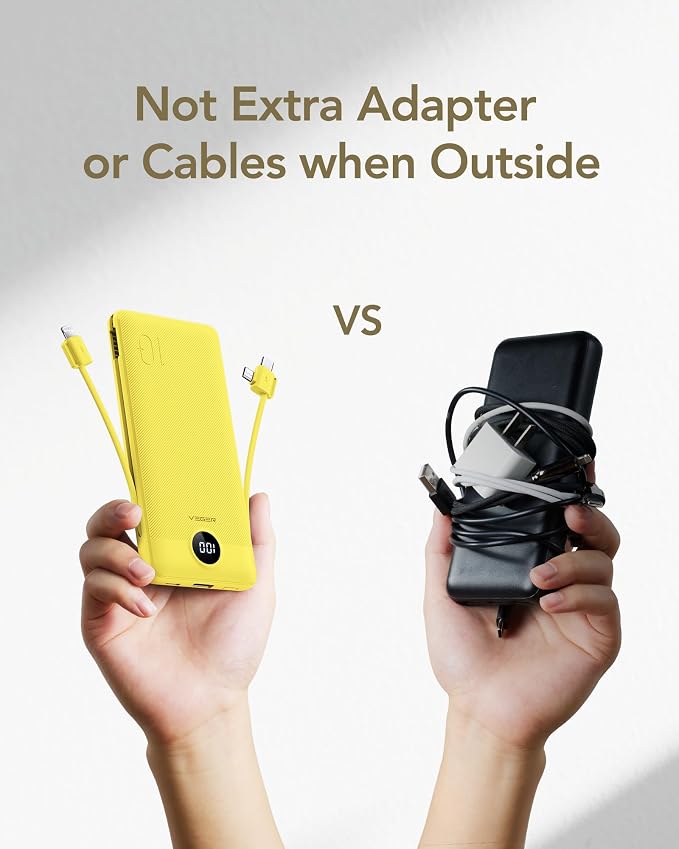 VEGER Portable Charger with Built-in AC Plug and Cables, All in One 10000mAh Ultra Slim Power Bank Travel Essentials, Fast Charging Battery Pack Compatible with iPhone, Samsung, Android (Yellow) - Image 7
