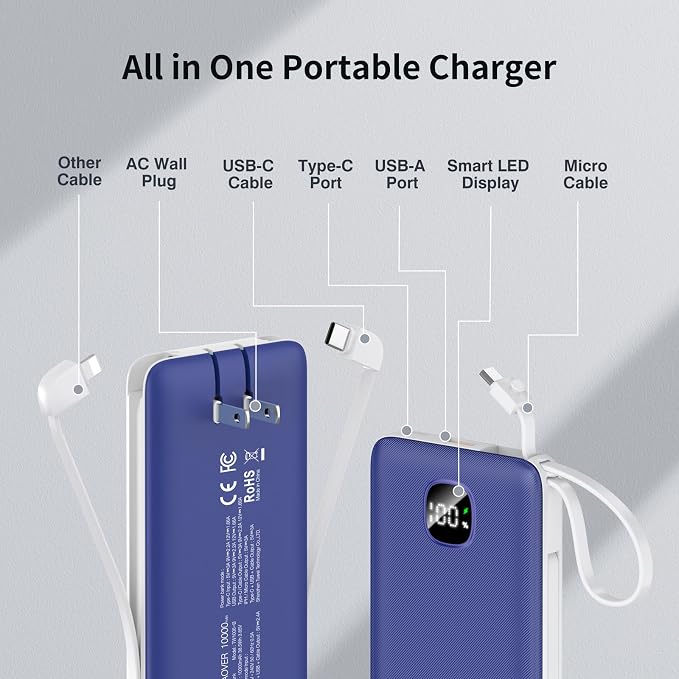 penaover Portable Charger with Built-in Cables&AC Wall Plug,Slim 10000mAh 22.5W Fast Charging Power Bank,5 Output 2 Input USB-C External Battery Pack Compatible with iPhones,Samsung,Android, etc - Image 2