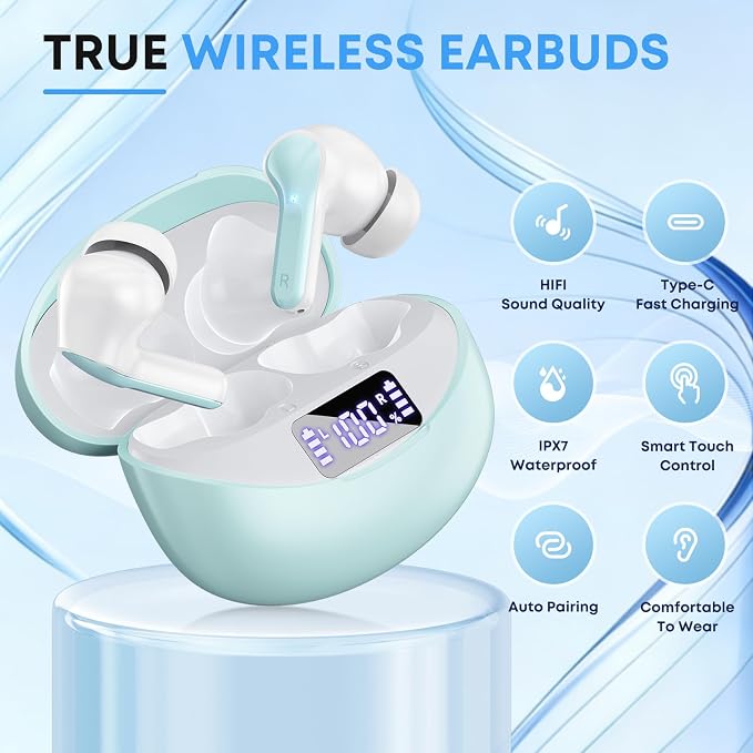 Wireless Earbuds Bluetooth 5.4 Headphones, Noise Cancelling Mic Ear Buds with 50H Playback, LED Digital Display, IPX7 Waterproof Earphones for Office/Running/Workout(Light Green) - Image 2