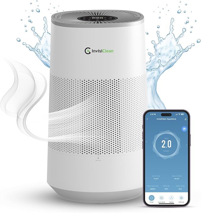 Air Purifier and Humidifier Combo All in One for Bedroom - Quiet 2 in 1 Smart Air Humidifier and Purifier for Home - Use Year-round for up to 1100 sq ft - InvisiClean AquaNova by InvisiClean