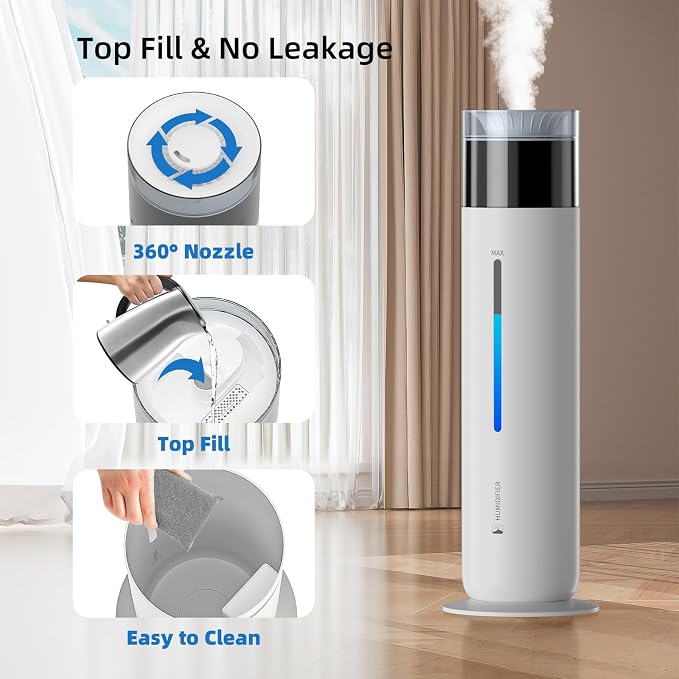 10L/2.6Gal Smart Humidifiers for Bedroom Large Room up to 600ft², 100H Runtime Cool Mist Top Fill, Ultra Quiet 30dB, Auto Control, Essential Oil Tray, Perfect for Bedroom, Office, Baby, White - Image 5