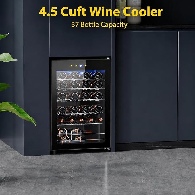 Electactic 37-Bottle Freestanding Wine Cooler Refrigerator, 4.5 Cu. Ft | Removable wave-shaped wire shelves, fan cooling, and sub-38 dB operation help organize bottles with minimal noise. - Image 2