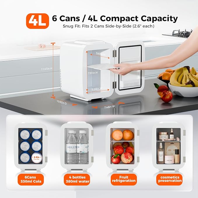 Mini Fridge for Bedroom - 4 Liter/6 Can Mini Makeup Fridge, 110V AC/ 12V DC Portable Thermoelectric Cooler&Warmer for Skincare, Drink, Cosmetic, Medicine, Small fridge for Bedroom, Office, Dorm, Car - Image 5