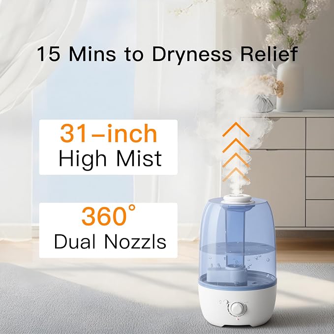 MEGAWISE Cool Mist Humidifier for Kid bedroom with 3.2L Large Capacity, No leakage Design Fine Mist Output Auto Shutoff, Essential Oil Safe Tank (White) - Image 3