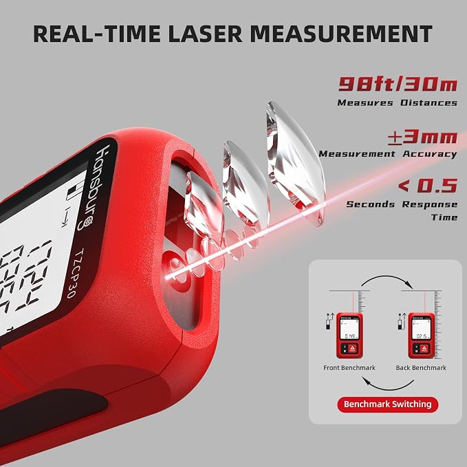 Hansburg Laser Measurement Tool 98 Ft / 30m 8-in-1 Modes Digital Laser Tape - Image 3