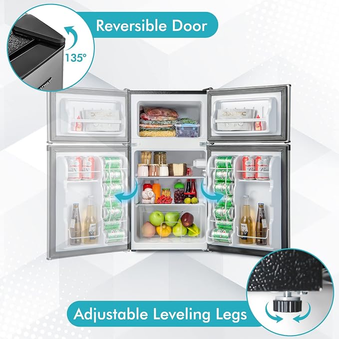 COSTWAY 3.2 Cu.Ft. Mini Fridge with Freezer, 2 Door for Office Bedroom Dorm | Compact Small Refrigerator with Reversible 2 Door, Adjustable Thermostat, Removable Glass Shelves for Food & Drink, Silver - Image 6