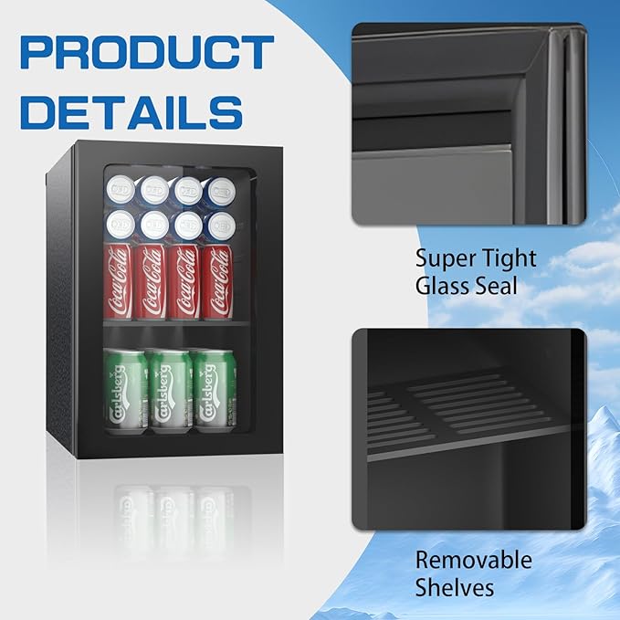 Erivess Compact Freestanding Beverage Refrigerator, 24 Can/0.9 Cubic Feet Mini Fridge with Acrylic Front Door for Soda, Beer or Wine, Under Counter Small Refrigerator with Adjustable Shelves for Home - Image 2