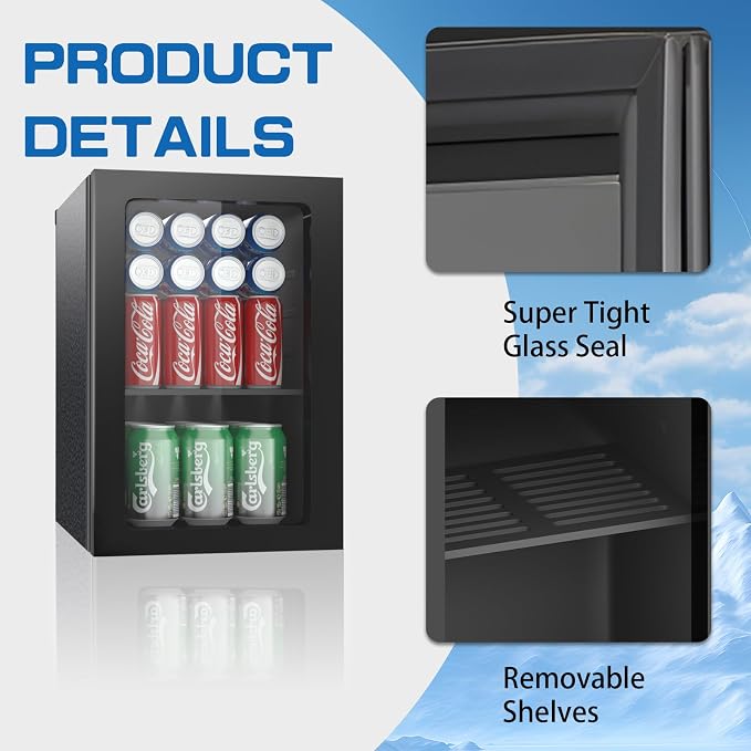 Erivess Compact Freestanding Beverage Refrigerator Cooler, 26 Can/0.95Cu Ft | Adjustable Shelves Mini Fridge with Acrylic Front Door for Soda, Beer, Wine, Under Counter Small Refrigerator for Home/Office - Image 4