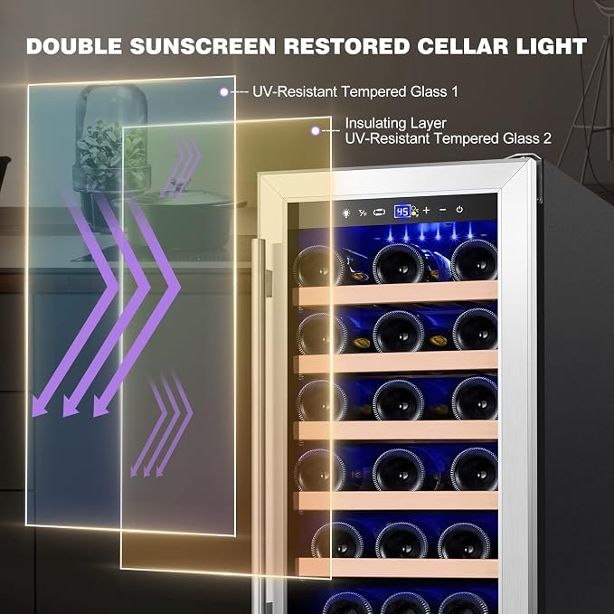 Wine Fridge 15'', 30 Bottles Wine Cooler Refrigerator, Undercounter or Freestanding, Removable Shelves, 40-65°F, Wine Cabinet with Double Glass Door, Wine Cooler for Home, Kitchen, Bar - Image 3