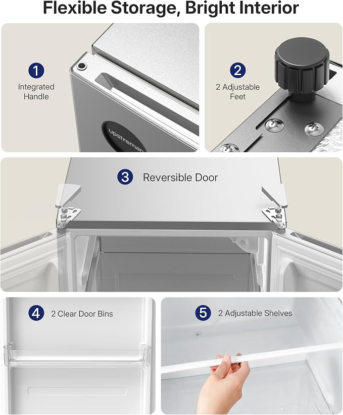 Upstreman 2.5 Cu.Ft All-Refrigerator Mini Fridge, Single Door Small Refrigerator, Dorm Fridge with 7 Adjustable Thermostat, Compact Refrigerator for Office, Bedroom or Dorm, Silver-CR26 - Image 4
