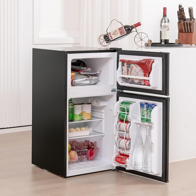 COSTWAY 3.2 Cu.Ft. Mini Fridge with Freezer, 2 Door for Office Bedroom Dorm | Compact Small Refrigerator with Reversible 2 Door, Adjustable Thermostat, Removable Glass Shelves for Food & Drink, Black - Image 3