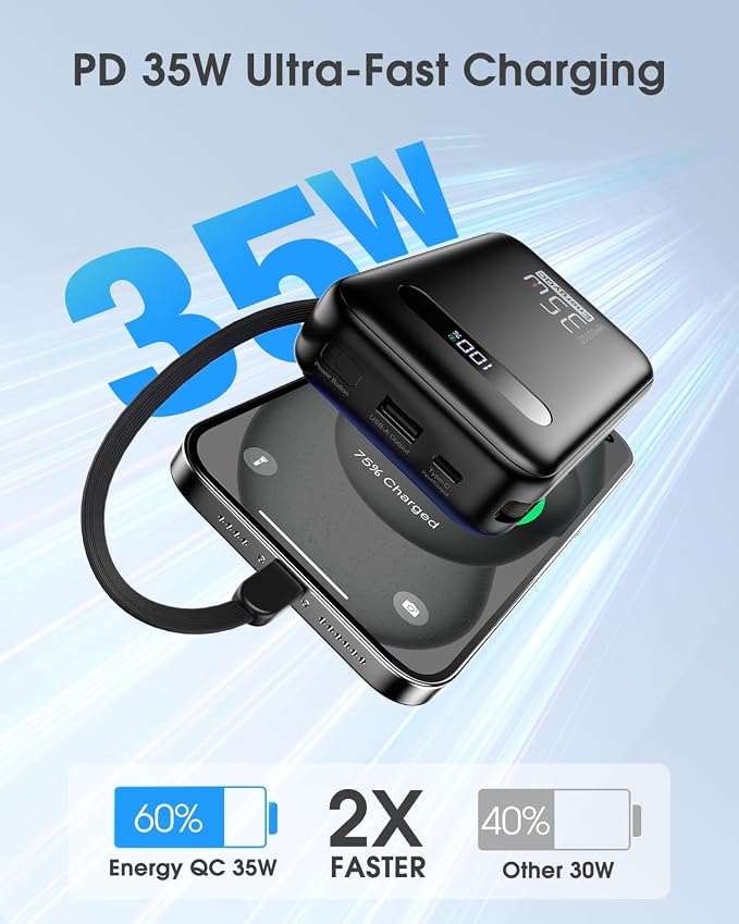 EnergyQC 20000mAh Portable Charger, 35W PD 3.0+QC 4.0 Fast Charging Power Bank with Built-in Lightning & USB-C in&Out Cables, Travel Battery Pack for iPhone 17/16/15/14, Samsung, iPad, Android, Black - Image 2