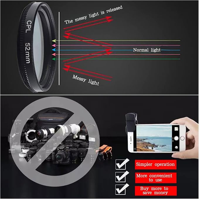 52mm CPL Polarized Phone Camera Lens, Universal Clip On CPL Phone Filter Lens - Image 2