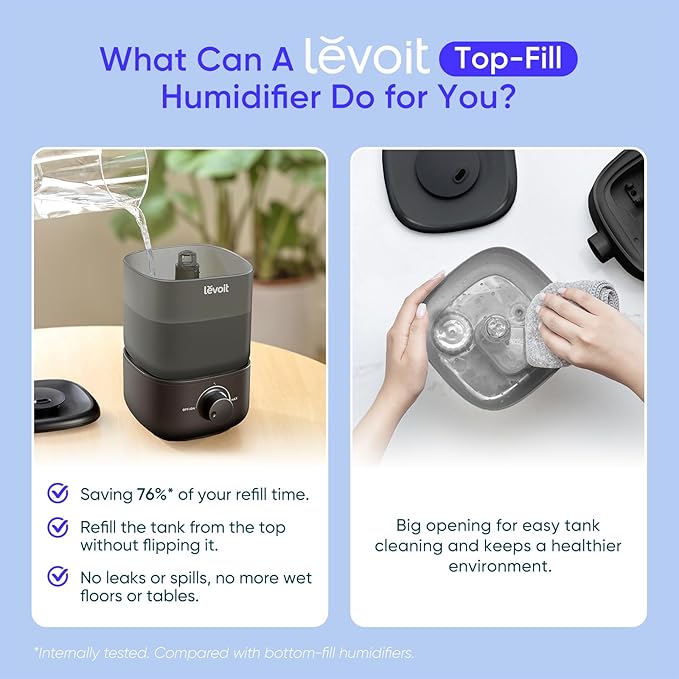 LEVOIT Classic 160 Top-Fill Ultrasonic Cool Mist Humidifier, Super Easy to Fill and Clean, Quiet Operation for Bedroom Home Baby & Plants, Auto Shut-off for Safety, 360° Rotating Nozzle, 2.5L, Black - Image 3