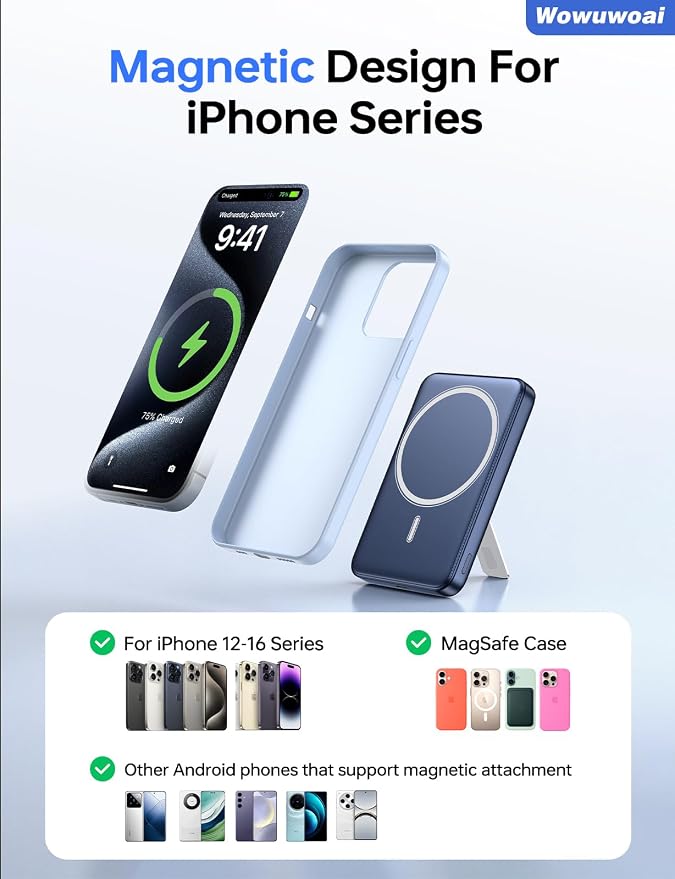 for Magsafe Portable Charger, 10000mAh Wireless Power Bank with Stand and PD 20W, USB C Fast Charging Powerbank, Magnetic Battery Pack Compatible with iPhone 17/16/15/14/13/12 Pro Max - Dark Blue - Image 7