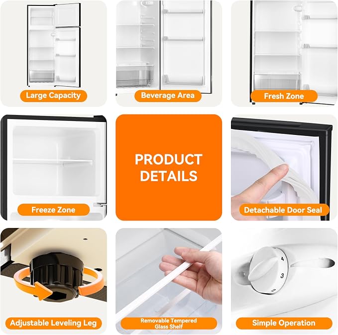7.4 Cu.Ft. Refrigerator with Freezer, 2 Door Top Freezer Apartment Size Fridge, 25.0" W x 24.6" D x 60.7" H Compact Fridge with Adjustable Thermostat, 37dB Quiet for Office, Dorm, Home - Image 8