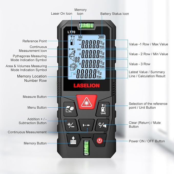 LT70 Laser Measure, 229ft/70m Laser Measurement Tool, - Image 8