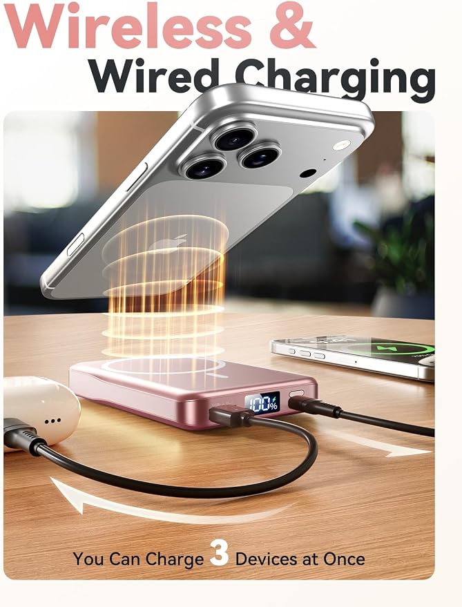 Aobbow Magnetic Portable Charger, 10000mAh for Magsafe Battery Pack, 20W Fast Charging Power Bank, Travel Essential of Wireless Charger Compatible with iPhone 17/16/15/14/13 Pro/Max/Air/Plus-Rosegold - Image 5