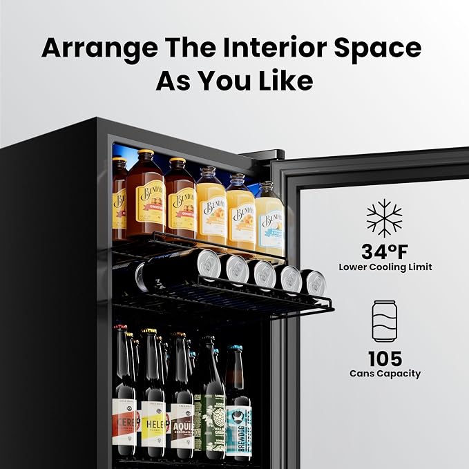 Yeego Beverage Refrigerator Drink Cooler, 105 Cans Mini Fridge Glass Door | Soda Wine Beer Small Cooler, 34°F To 54°F Digital Temperature Control, for Home Office Bar, Adjustable Shelves, Black - Image 4