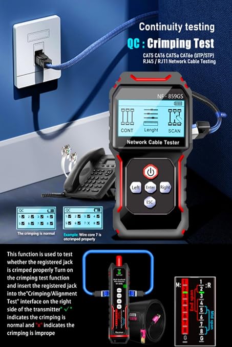NF-859GS Network Cable Tester POE RJ45 RJ11 CAT5 CAT6 Cable Toner Continuity - Image 8