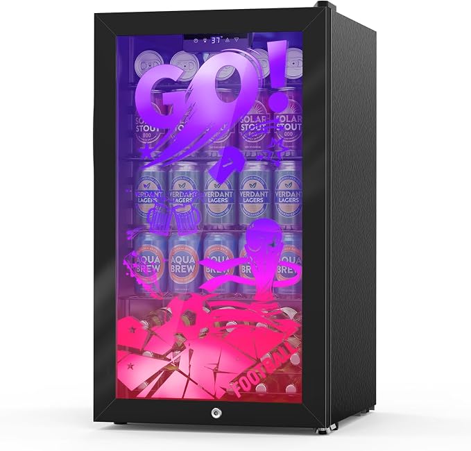 Velivi Gaming Mini Fridge with Led Lights, 3.2 Cu Ft Gaming Light Up Glass Door Beverage Refrigertor Small Lockable Drink Cooler For For Soda Beer, Cyberpunk Gaming Rooms Bar Home Party | 3.2 Cu Ft Small Lockable Drink Cooler For For Soda Beer, Cyberpu... by Velivi