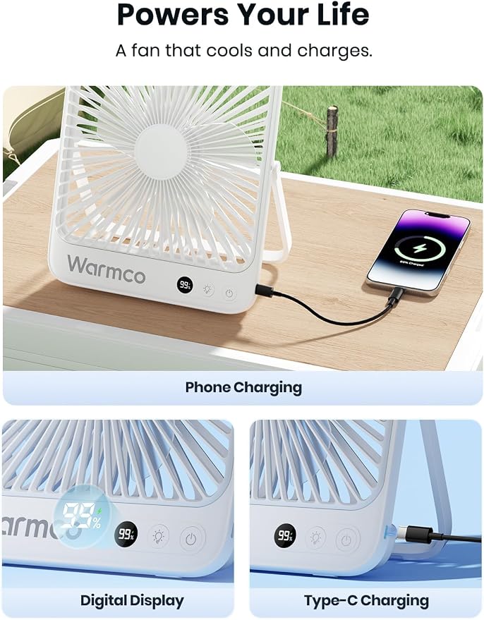 Warmco 20000mAh Battery Powered Fan, Ultra-Slim 8-Inch Portable Camping Fan with LED Lantern, Up to 48H Runtime Rechargeable Desk Fan for Bedroom, Outdoor, Tent, Travel, Cruise Ship Essentials - Image 8