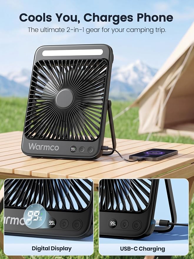 Warmco 20000mAh Battery Powered Fan, Ultra-Slim 8-Inch Portable Camping Fan with LED Lantern, Up to 48H Runtime Rechargeable Desk Fan for Bedroom, Outdoor, Tent, Travel, Cruise Ship Essentials - Image 6