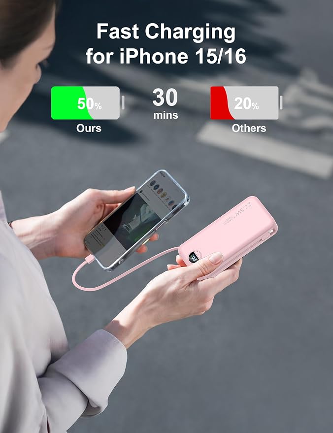 20000mAh Ultra-Portable-Charger-Power-Bank with Built in Cables&AC Wall Plug,PD20W USB-C Fast Charging Cell Phone Charger Battery Pack,LED Display Travel Battery Bank for All iPhone,Samsung,Android - Image 4