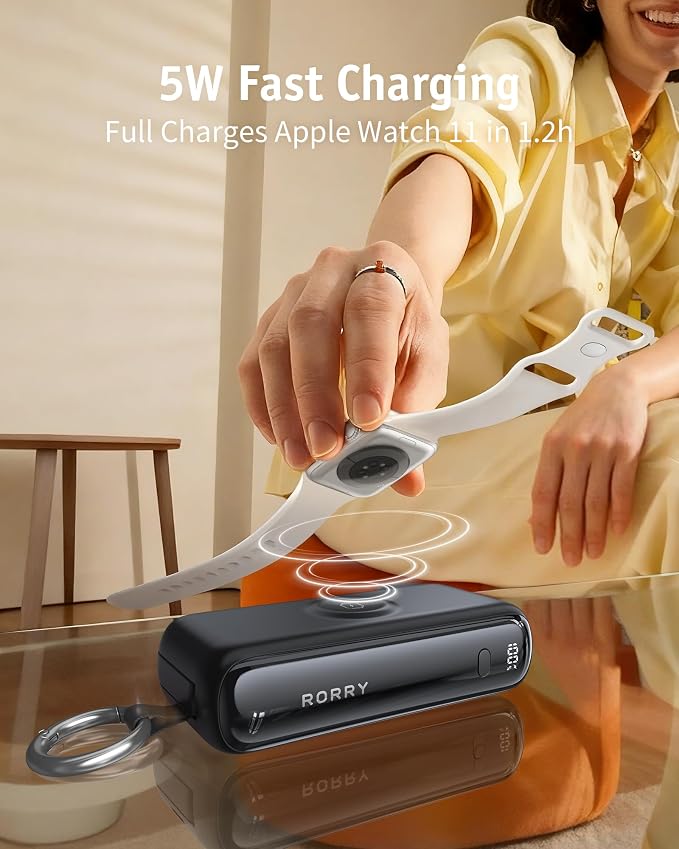 RORRY Flow Portable Charger, 10000mAh 40W Fast Charging Power Bank with Built-in USB C Cable and Foldable Wall Plug, Battery Pack Travel Essentials for iPhone 17/16/15, Apple Watch, iPad, MacBook - Image 5