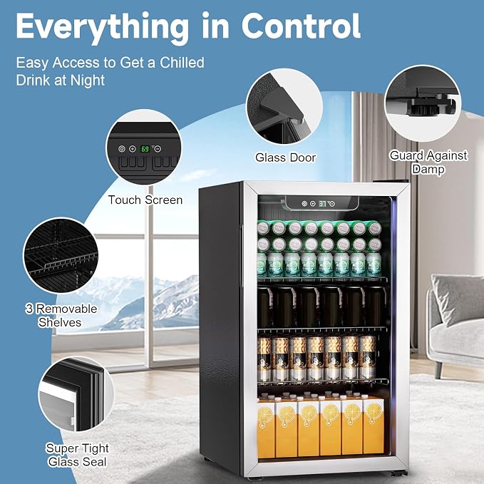 105 Can Mini Fridge, 3.0 Cu.Ft Beverage Refrigerator Glass Door | Compact Drink Fridge with Reversible Door for Soda Wine Beer, Small Cooler for Home Office Bar, Black(37-61 ℉) - Image 3
