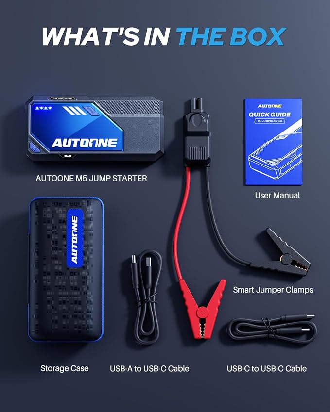 AUTOONE M5 9000A Car Jump Starter 12V Battery Jumper Starter Portable (All Gas/All Diesel) 168W DC Jump Box for Car Battery with Built-in Booster, Type-C Fast Charge & Jumper Cables Jump Pack - Image 9