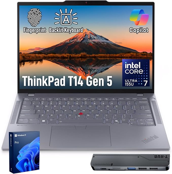 Lenovo ThinkPad T14 Business AI Laptop, 14" FHD+ IPS, Intel Core Ultra 7 155U, 16GB DDR5, 512GB SSD, 5MP Webcam, Fingerprint, Backlit, Wi-Fi 6E, Thunderbolt 4, Windows 11 Pro, 7-in-1 USB-C Hub Bundle by LENOVO