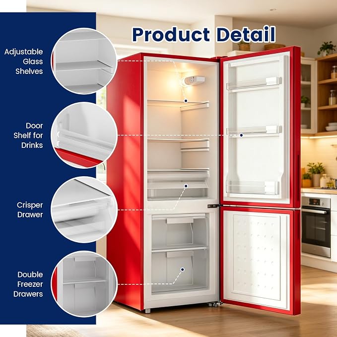 Apartment 7.1 Cu.Ft Refrigerator with Bottom Freezer Red | Office Fridge with Bottom Freezer, Large Capacity, Energy Saving, Adjustable Thermostat, Low Noise - Image 5