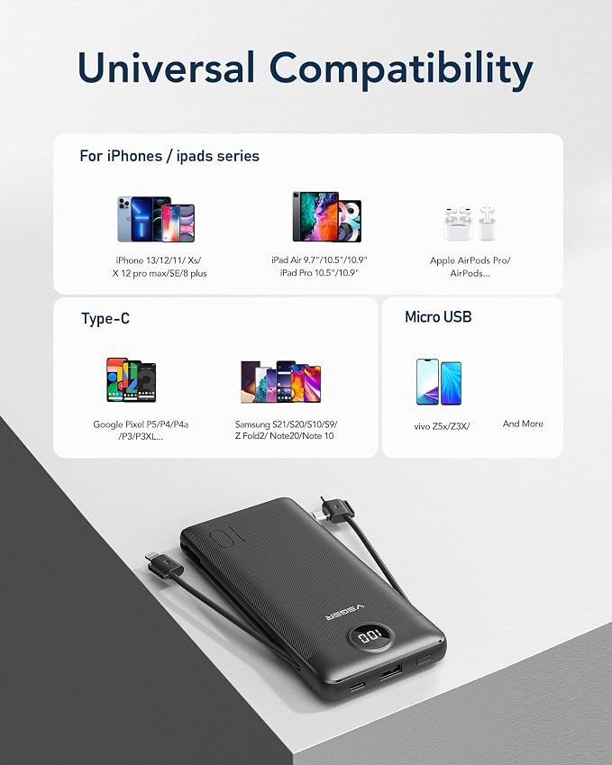 VEGER Portable Charger with Built-in AC Plug and Cables, All in One 10000mAh Ultra Slim Power Bank Travel Essentials, Fast Charging Battery Pack Compatible with iPhone, Samsung, Android (Black) - Image 6