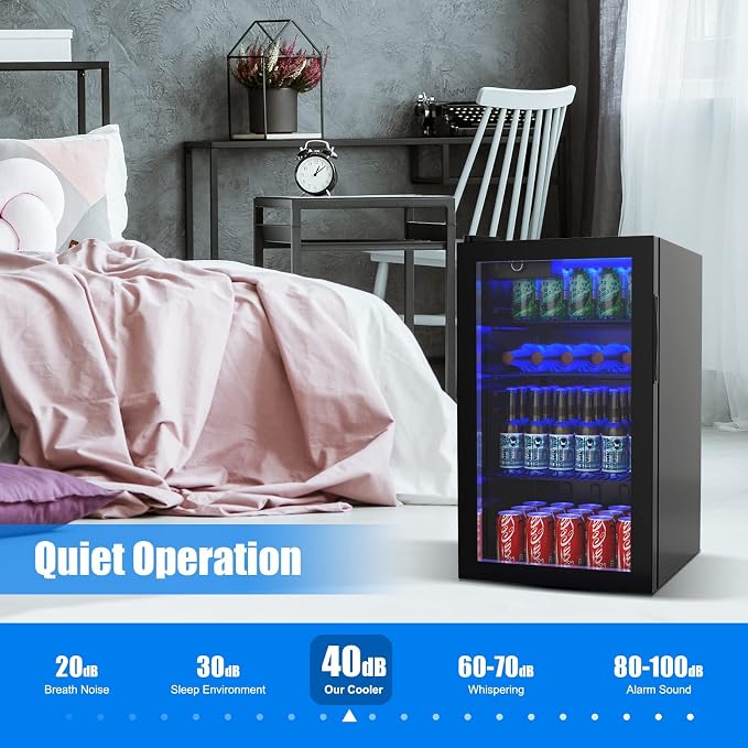 COSTWAY 120 Can Mini Beverage Fridge, Freestanding Beverage Refrigerator Cooler with Glass door, Removable Shelves for Soda Beer Wine, Small Drink Bar Fridge for Home Living Bedroom, 3.2 Cu.Ft | Cooler with Glass door, Removable Shelves for Soda Beer W... - Image 6