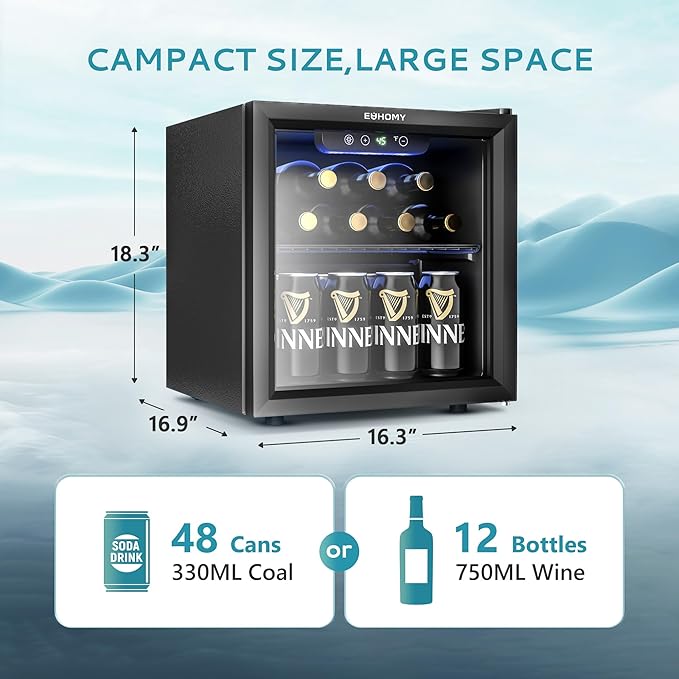 EUHOMY 12 Bottle 48 Can Mini Fridge Cooler, 1.3 Cu.Ft Beverage Refrigerator Glass Door for Beer Soda Wines,Small Refrigerator with Adjustable Shelves and LED Light for Office, Home, Dorm, Bar - Image 4