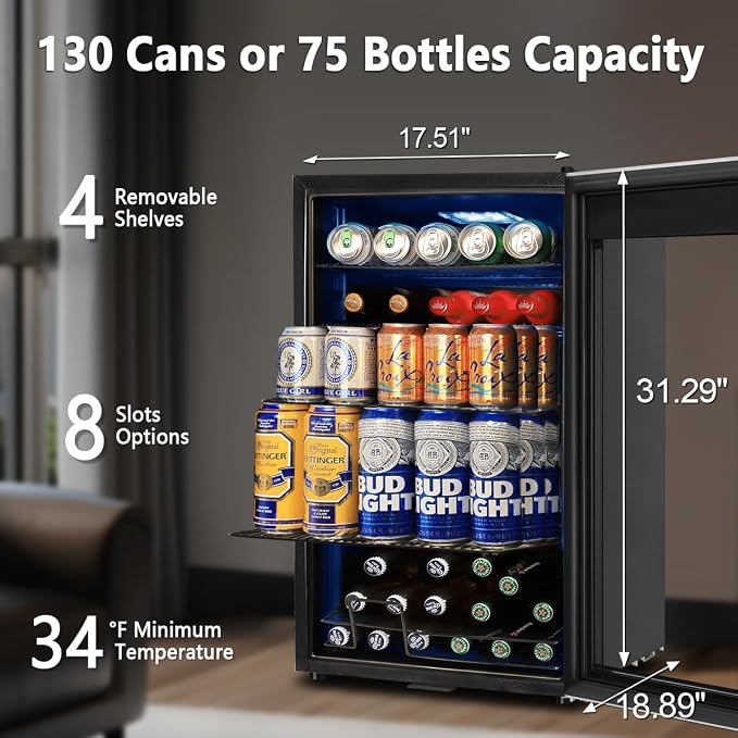 Beverage Refrigerator Cooler, 130 Cans 3.22 Cu.Ft Small Refrigerator with Low-E Glass Door, Lock, 17-Inch Beer Fridge for Drinks, Beer and Wine, Mini Fridge for Bedroom, Office and Bar, Silver - Image 6