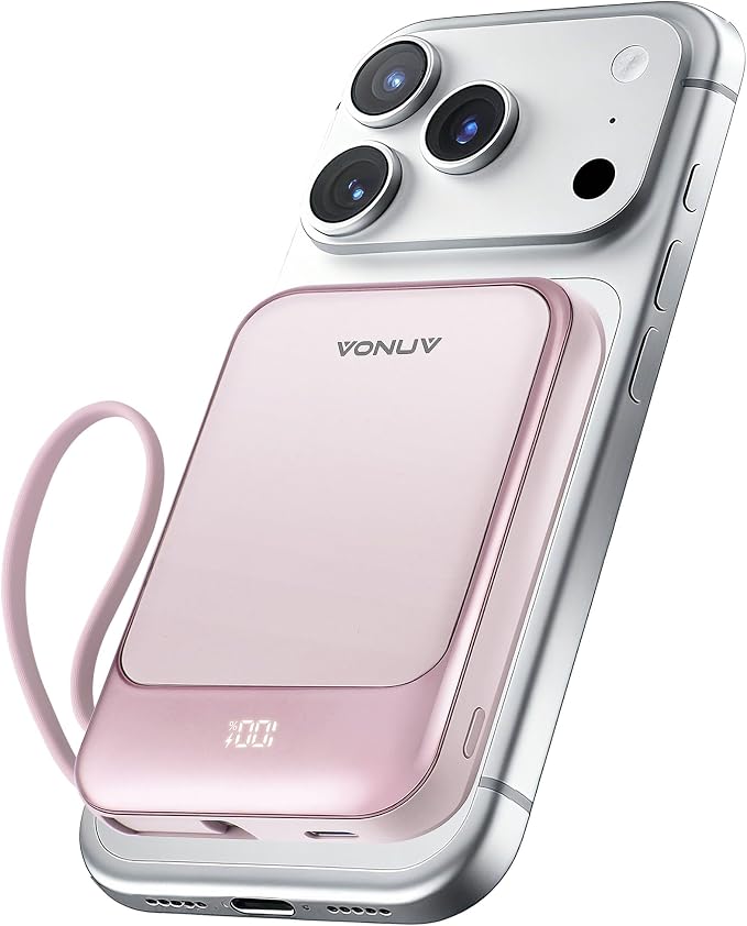 Magnetic Power Bank 10000mAh, Wireless Portable Charger with 15W Max Fast Charging & Built-in USB-C Cable, 22.5W PD LED Display Battery Pack Compatible with iPhone 17/16/15, Samsung Galaxy(pink) by VONUV