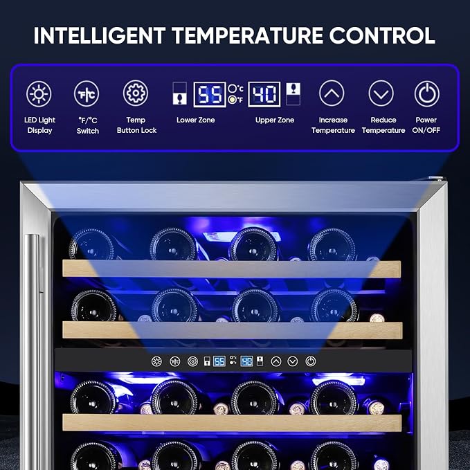 24 Inch Wine Cooler Refrigerator, 52 Bottle Dual Zone Wine Fridge with Stainless Steel Glass Door, Adjustable Shelves, Upgraded Compressor, Built-In Freestanding for Home, Bar, Kitchen - Image 2