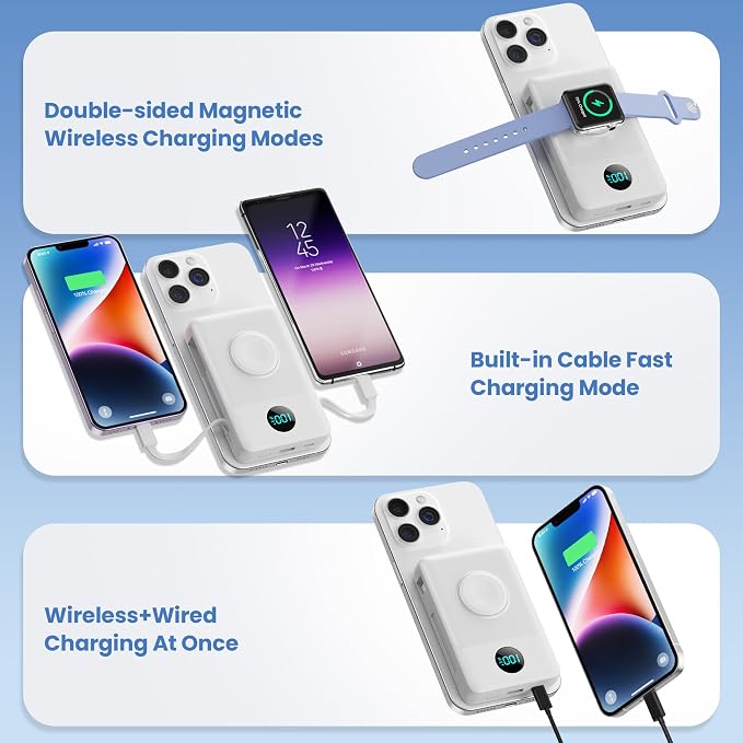 Magnetic Portable Charger for MagSafe with Built-in Cable, iWatch Charger, 10800mAh Wireless Power Bank Travel Essentials, 25W PD Fast Charging Battery Pack for iPhone 17/16/15/14/13,Apple Watch-White - Image 5