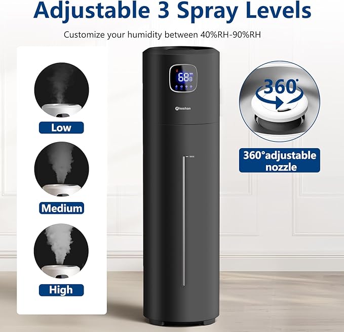 Large Humidifiers for Bedroom, 9L/2.5Gal Ultrasonic Cool Mist, Top Fill Easy Clean with 350ML/H Mist Speed, Quiet, Suitable for Kids Room Plant Yoga Office Study Room Living (Black, Round) - Image 5