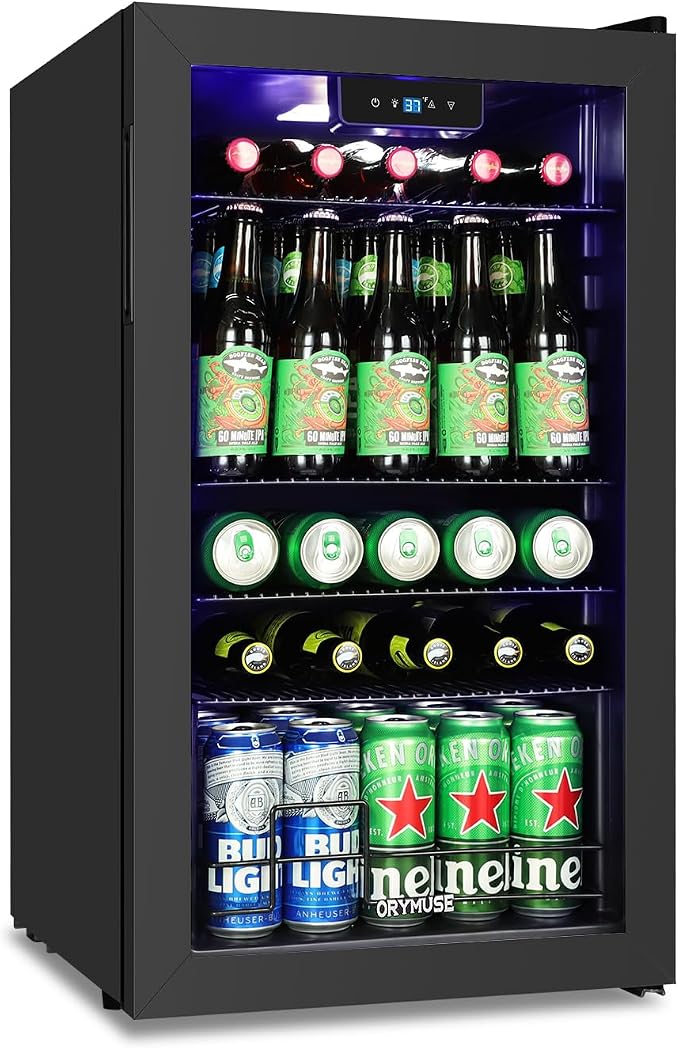 3.2 Cu.Ft Beverage Refrigerator, 130 Can Mini Fridge with Glass Door & Digital Temperature Control, Compressor Cooling Freestanding Cooler for Soda, Beer, Wine, Home, Office & Bar - Black by ORYMUSE