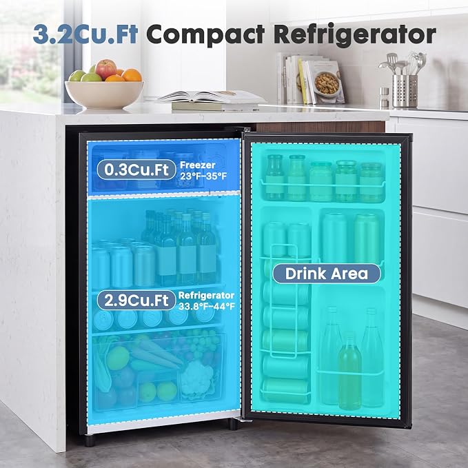 DUMOS 3.2 Cu.Ft Mini Fridge with Freezer, Single Door Refrigerator with Adjustable Thermostat, Compact Small Fridge for Bedroom, Office, Dorm, Black, Single Door - Image 2