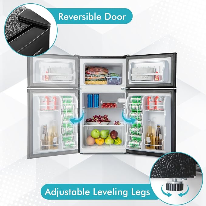 COSTWAY 3.2 Cu.Ft. Mini Fridge with Freezer, 2 Door for Office Bedroom Dorm | Compact Small Refrigerator with Reversible 2 Door, Adjustable Thermostat, Removable Glass Shelves for Food & Drink, Black - Image 6