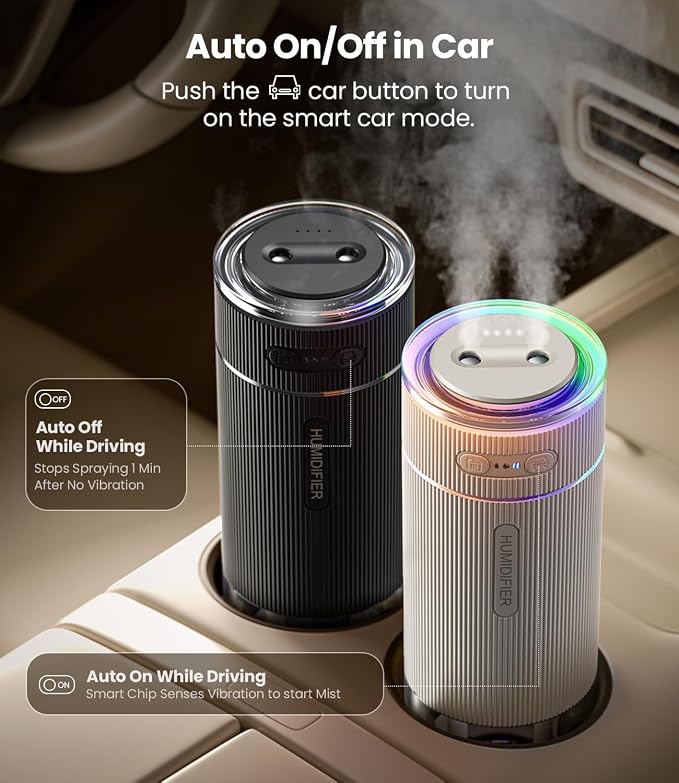 WSKEN Portable Small Humidifier for Bedroom - [Dual Nozzle Large Cool Mist] [Ambiance Lighting] [Car Smart On/Off] Ultrasonic Mini Personal Desk Air Humidifiers for Travel Office Baby Room,White - Image 6